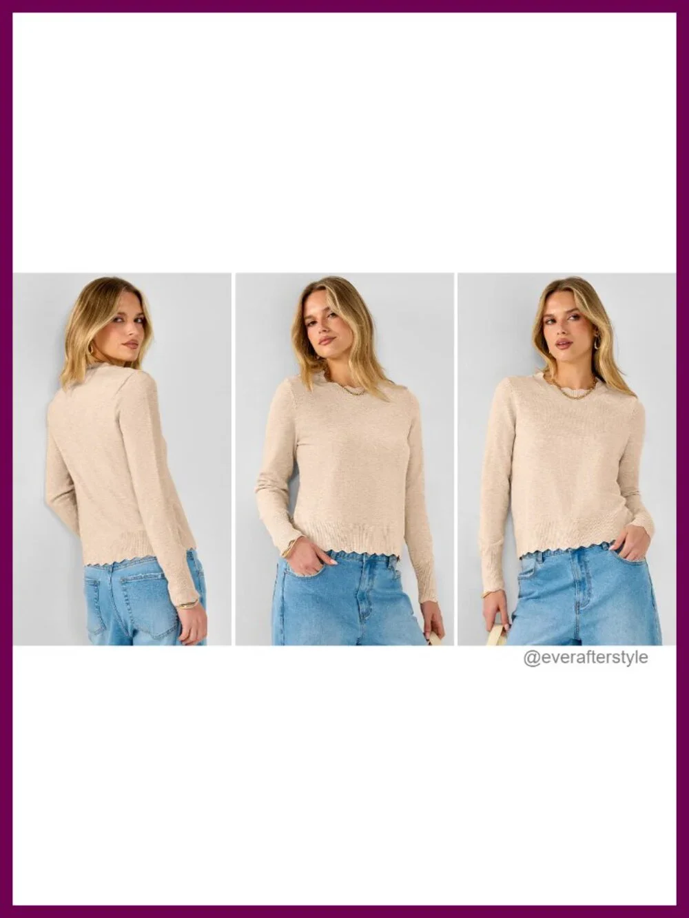 Women's Ribbed Knit Pullover Sweater Lightweight Scallop Edge Long Sleeve